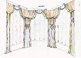 Шторы в комнату с эркерным окном с мягким ламбрекеном, декорированным тесьмой и шнуром