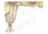 Классические шторы с ламбрекеном из двух цветов, декорированный бахромой (штора подхвачена в стиле 'рукав епископа')